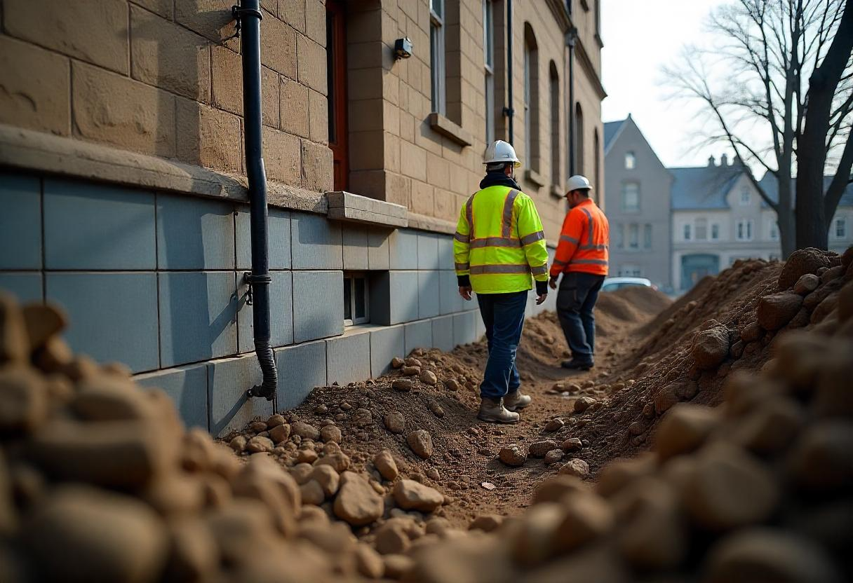 Close-up of foundation protection around sandstone heritage building with shoring, vibration monitors, and underpinning during excavation.