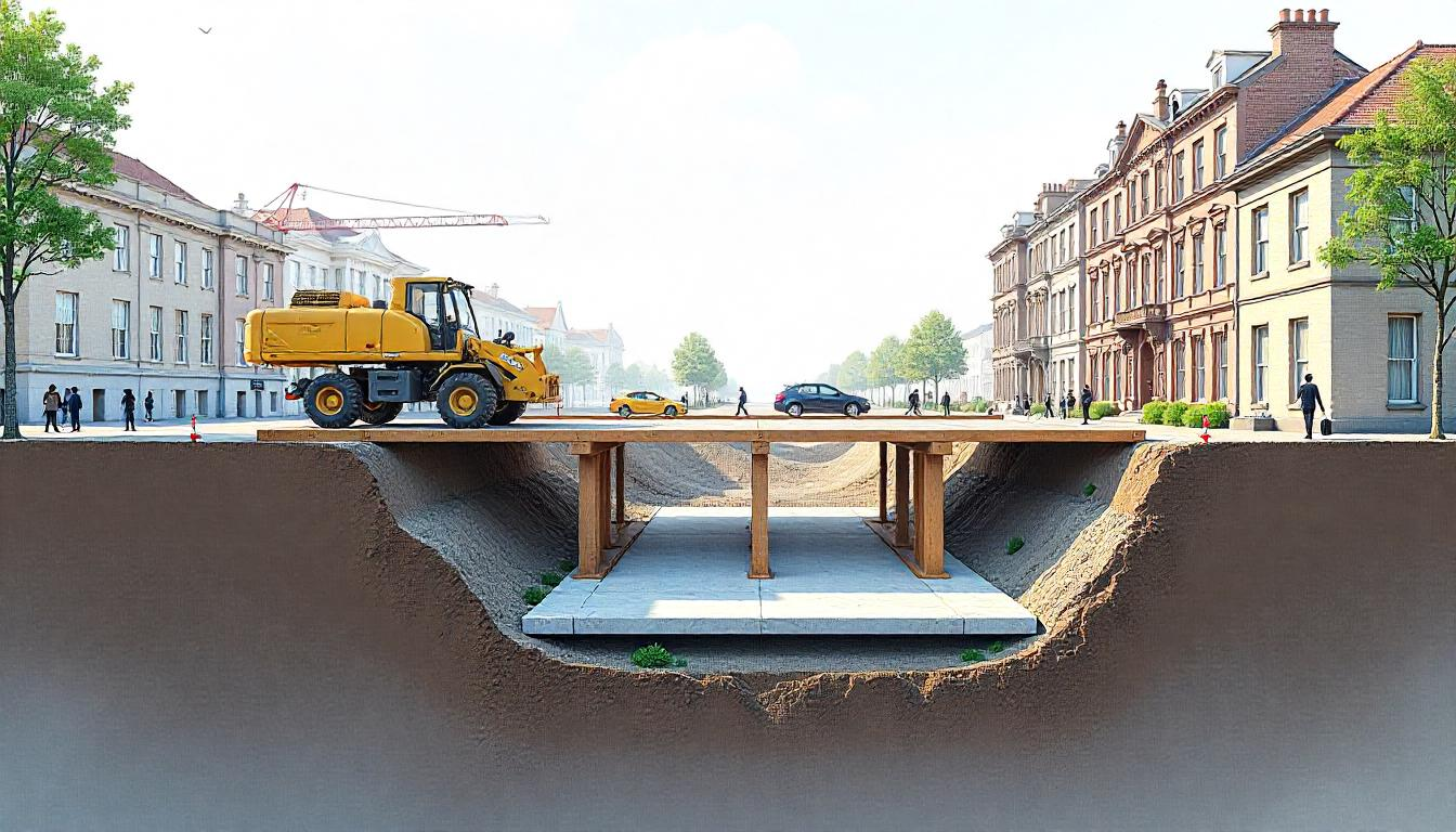 Cross-section of top-down construction in urban heritage site with slab deck, staged excavation, and labeled utilities. Cross-section of top-down construction in urban heritage site with slab deck, staged excavation, and labeled utilities.