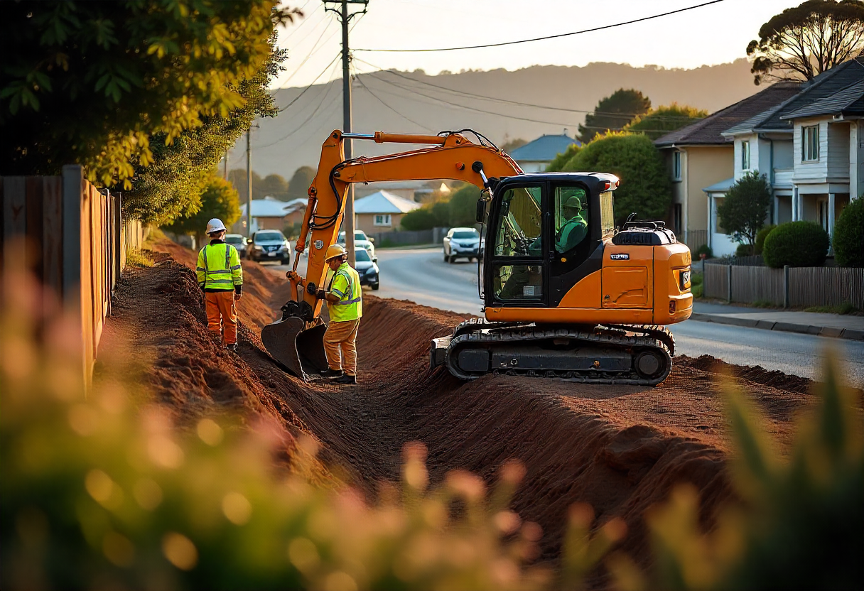 Excavation on sloped site in West Hobart TAS near heritage homes and sandstone walls.
