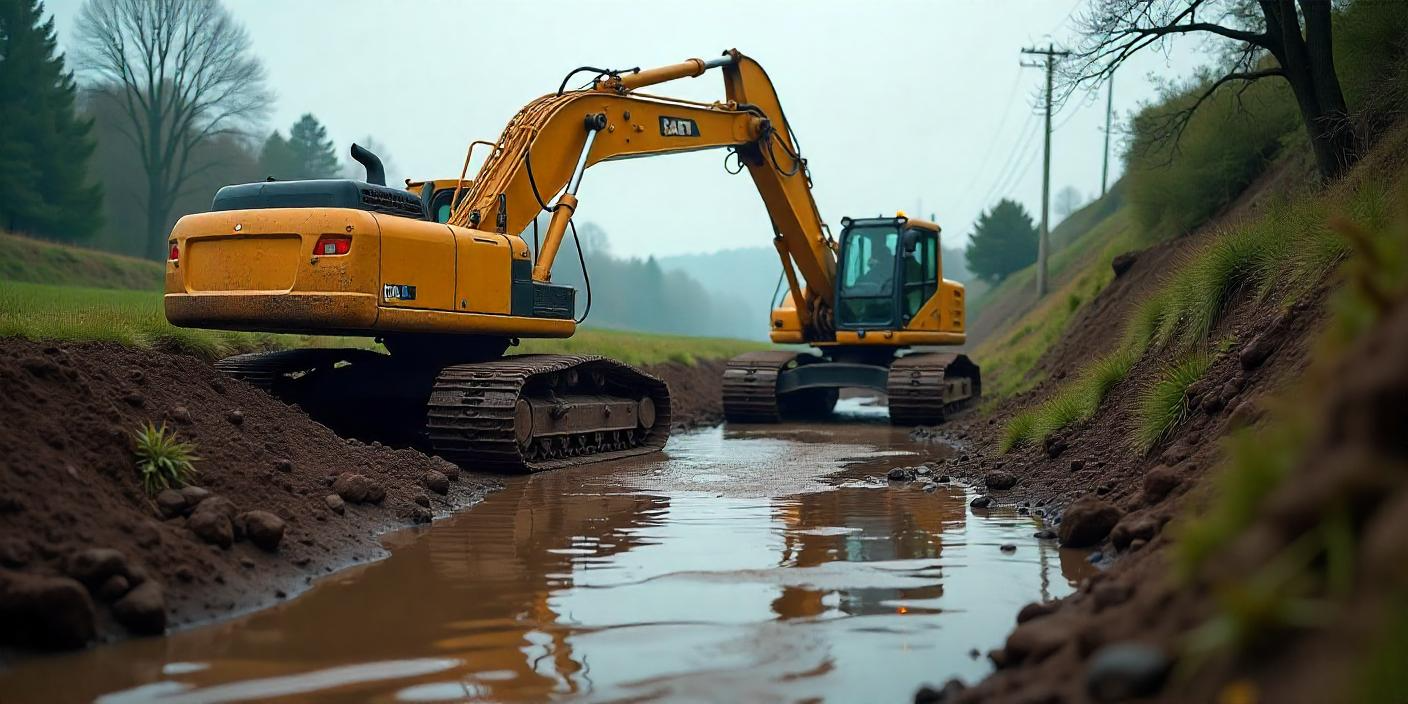 Excavator near watercourse with long-reach arm, erosion controls, and muddy terrain.