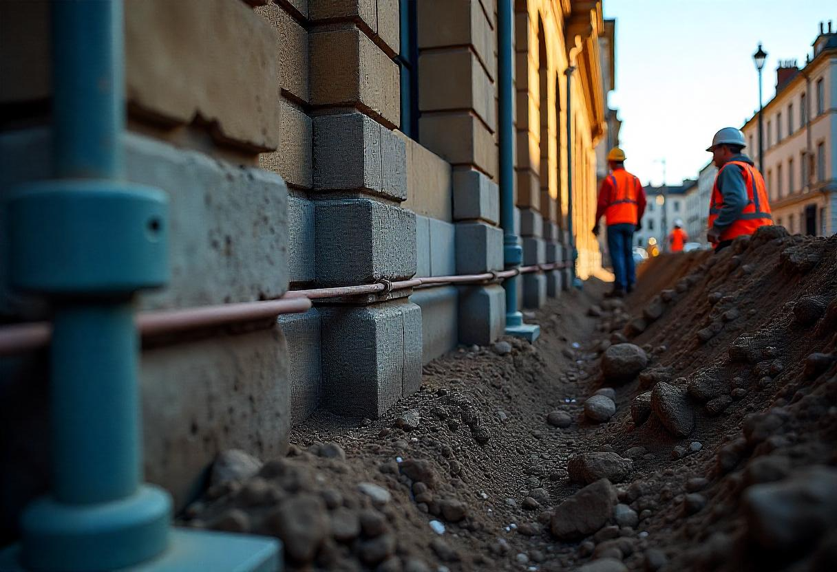 Foundation protection near heritage sandstone building in West Hobart TAS with shoring, vibration monitors, and underpinning work